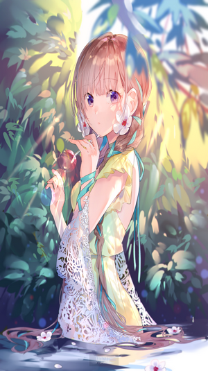 Anime girl with flowers in hair by water