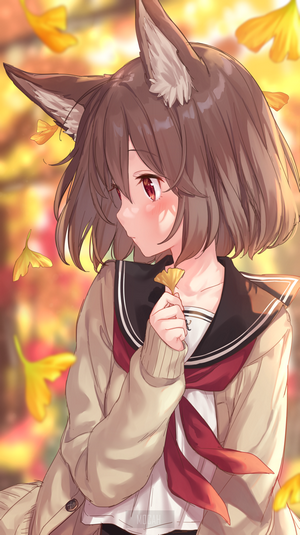 Anime girl with fox ears in autumn