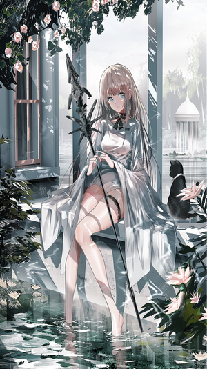 Anime girl with staff and cat in garden
