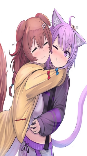Inugami Korone and Nekomata Okayu Hugging