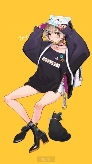Anime girl with cat wearing a 'meow' shirt