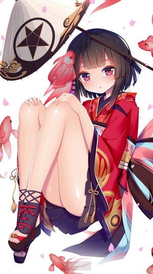 Anime girl in kimono with koi fish and umbrella