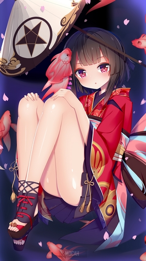Anime girl in kimono with goldfish