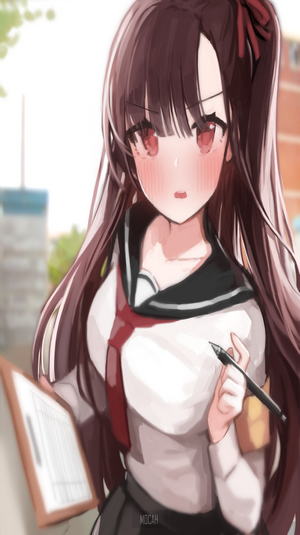 Anime girl in school uniform holding a clipboard