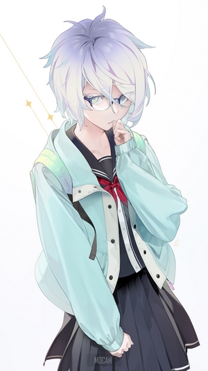 Anime girl with purple hair and glasses