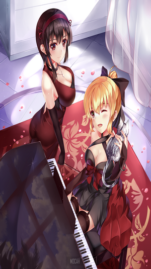 Two anime girls in formal dresses by a piano