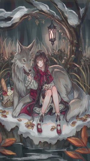 Anime girl with wolf in a forest at night