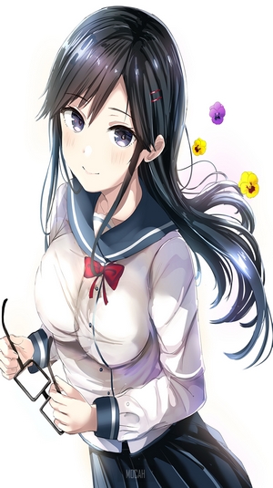 Anime girl in school uniform holding glasses