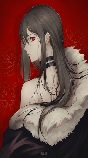 Anime girl with long dark hair and red eyes