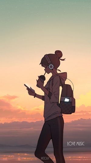 Anime Girl with Headphones at Sunset