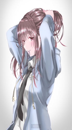 Anime girl with long brown hair tying her hair