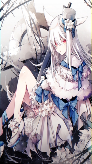 Anime girl with white hair and red eyes wearing a hat