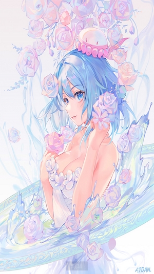 Anime girl with blue hair and roses