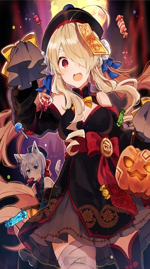 Anime girls in Halloween costumes with candy and pumpkins