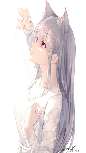 Anime girl with cat ears looking up
