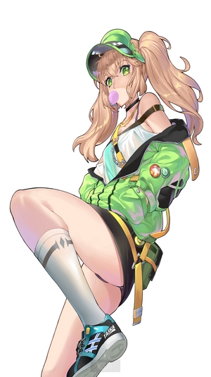 Anime girl with blonde pigtails chewing bubblegum