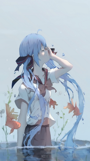 Anime girl with blue hair in a school uniform with goldfish