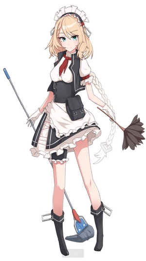 Anime maid girl with broom and mop