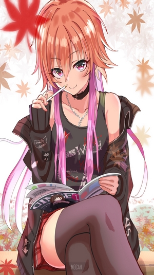 Anime girl with pink hair reading a magazine