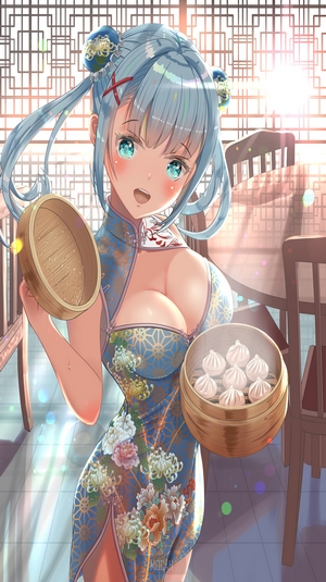 Anime girl in Chinese dress with dumplings