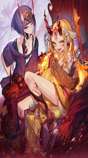 Two anime girls with horns and traditional Japanese clothing