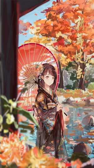 Anime girl in kimono with Japanese umbrella in fall