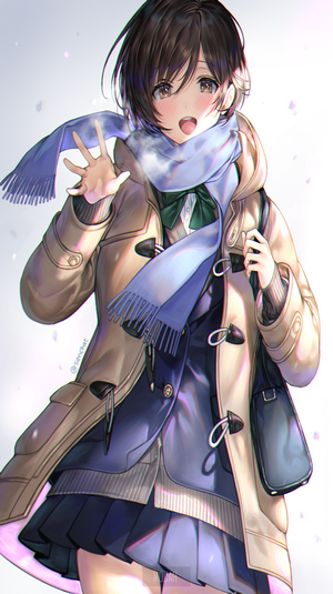 Anime girl in school uniform with scarf and coat