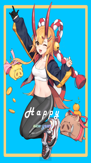 Anime girl with horns and pigs celebrating New Year