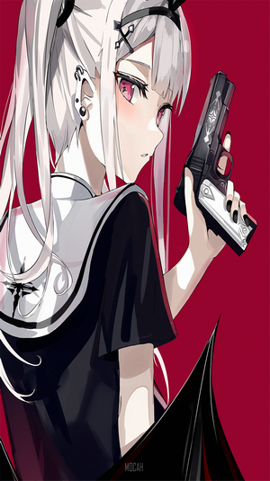 Anime girl with white hair holding a gun