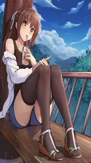 Anime girl drinking juice on a balcony with mountains