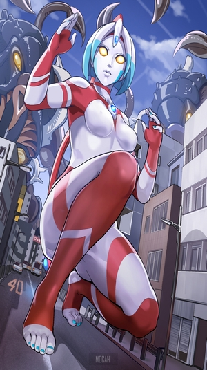 Anime girl in red and white bodysuit with yellow eyes