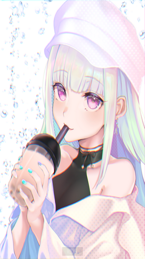 Anime girl with white hair and purple eyes drinking bubble tea