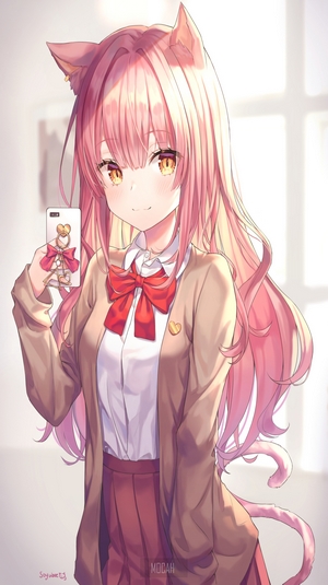 Pink-Haired Anime Girl with Cat Ears and Ribbon