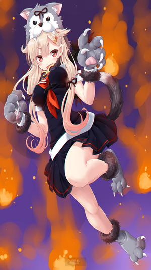 Anime girl in wolf costume with paws and tail