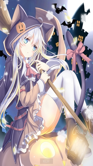 Anime girl in witch costume with broomstick on Halloween