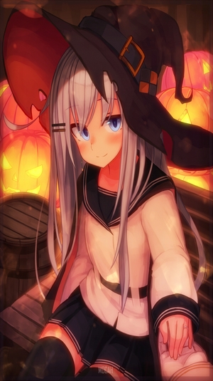 Anime girl in witch hat with pumpkins