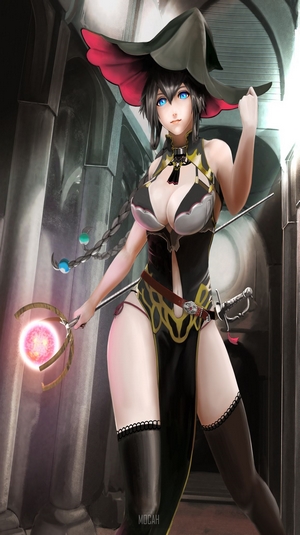 Anime witch with blue eyes holding a staff
