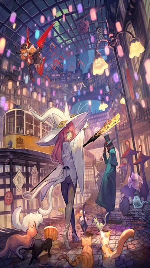Anime witch with cats and Halloween decorations