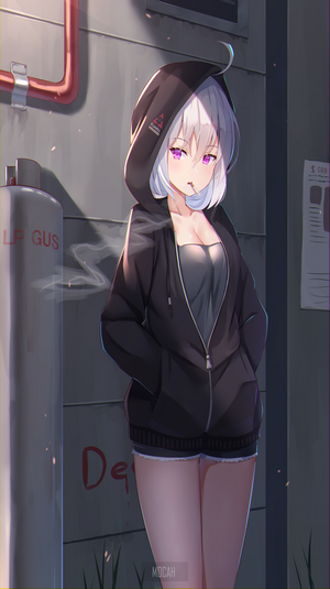 Anime girl with white hair smoking a cigarette