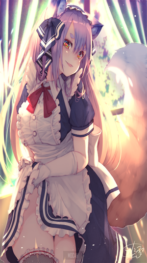 Anime girl with fox ears and tail in maid outfit