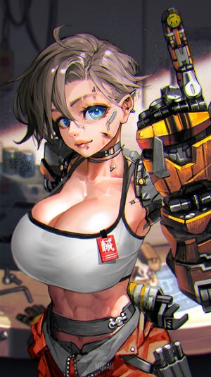 Anime girl with mechanical arm and short hair