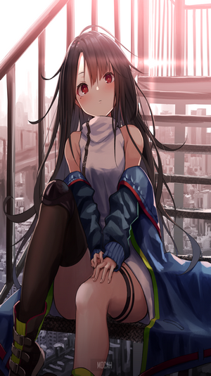 Thoughtful Anime Girl on Fire Escape