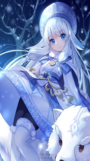 Anime girl with white hair and blue eyes in winter attire with a white wolf