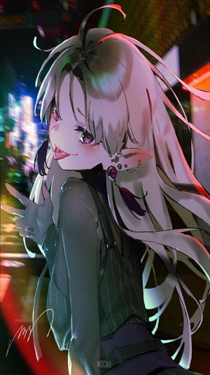Anime girl with long white hair in a city at night