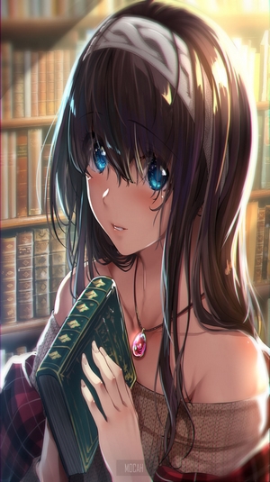 Anime girl with blue eyes holding a book in a library