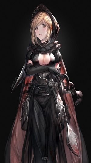 Anime girl in dark hooded outfit with a sword