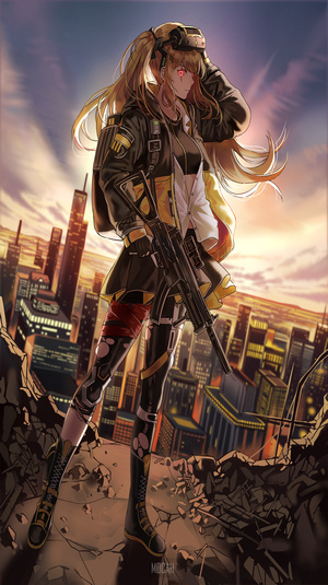 UMP9 from Girls Frontline in a ruined city