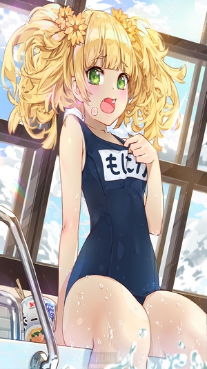 Anime girl in swimsuit with flowers in hair