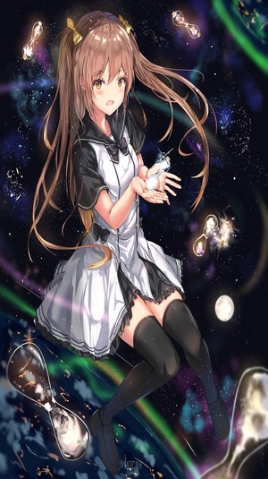 Anime girl with hourglasses in space