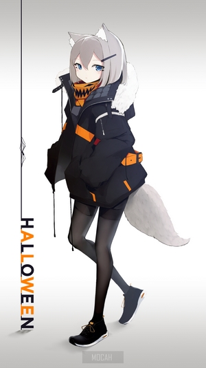 Anime girl with wolf ears and tail, Halloween theme